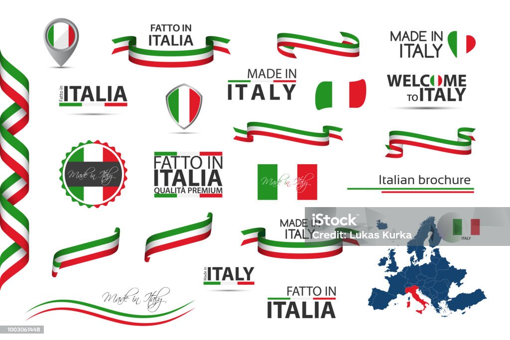 Big set of Italian ribbons, symbols, icons and flags isolated on a white background, Made in Italy, Welcome to Italy, premium quality, Italian tricolor, set for your infographics and templates Italy stock vector