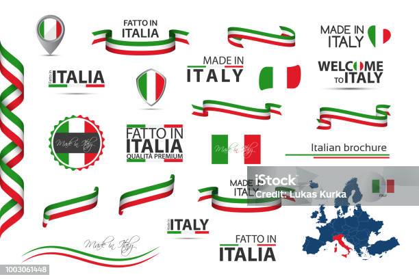 Big Set Of Italian Ribbons Symbols Icons And Flags Isolated On A White Background Made In Italy Welcome To Italy Premium Quality Italian Tricolor Set For Your Infographics And Templates Stock Illustration - Download Image Now