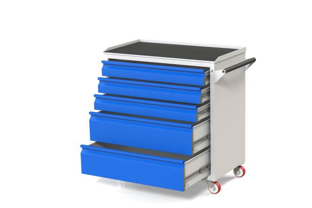istock Metal tool cabinet-table on wheels with drawers. A convenient place for storing tools and spare parts. Service Garage Tools Box. 3D-model rendering of the table for shooting from above. 1003061454