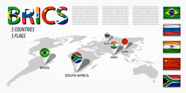 브릭스입니다. 5 국가 협회 (브라질. 러시아. 인도. 중국. 남아 프리 카 공화국). 관점 세계 지도 그리고 gps 네비게이터 위치 핀을 회원의 국기. 벡터 - brics stock illustrations