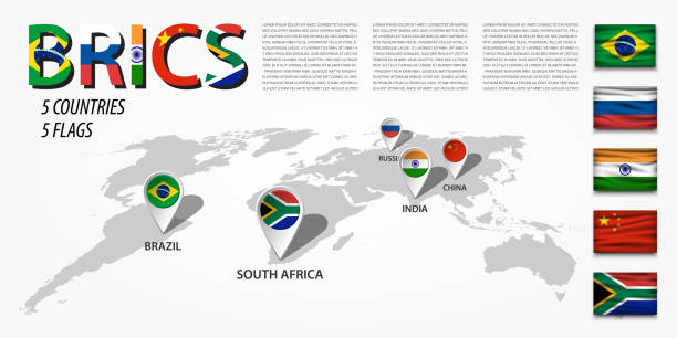 ilustrações, clipart, desenhos animados e ícones de brics. associação de 5 países (brasil. rússia. índia. china. áfrica do sul). mapa do mundo de perspectiva e pino de localização gps navigator com bandeira nacional da associação. vector - brics