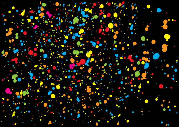 istock Colorful confetti isolated on black background. Abstract black background with many splattered falling round confetti pieces. Confetti random background Pattern made of calligraphy ink drops. Vector. 1003070964