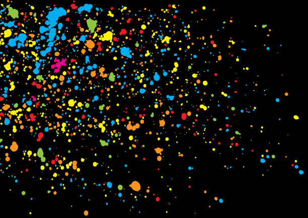 istock Colorful confetti isolated on black background. Abstract black background with many splattered falling round confetti pieces. Confetti random background Pattern made of calligraphy ink drops. Vector. 1003071146