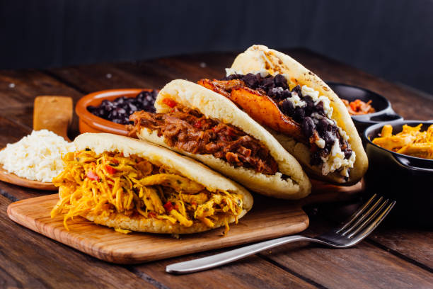 Latin American breakfast, Arepas with several ingredients. stock photo