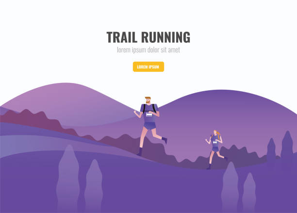 ilustrações, clipart, desenhos animados e ícones de trail runner de homens e mulheres correndo na montanha. bela paisagem de fundo. ilustração vetorial - off track running illustrations