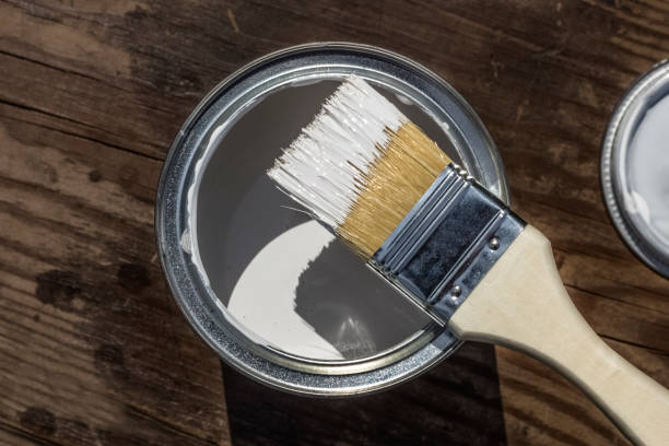 istock Paint and brush on a wooden background with copy space 1003095140