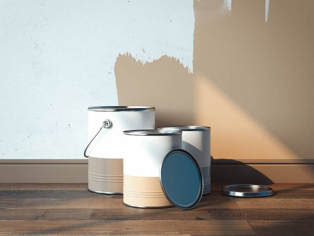 istock Paint cans near light brown walls, 2 cans are opened, 1 is closed, 3d rendering 1003111114