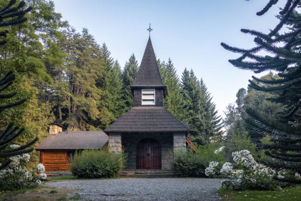 Small Chapel Nuestra Senora de la Asuncion - Villa La Angostura, Patagonia, Argentina Small Chapel Nuestra Senora de la Asuncion - Villa La Angostura, Patagonia, Argentina nahuel huapi national park stock pictures, royalty-free photos & images