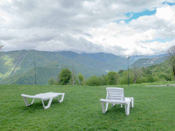 istock White plastic deck chairs on the green meadow near the hotel. 1003122816