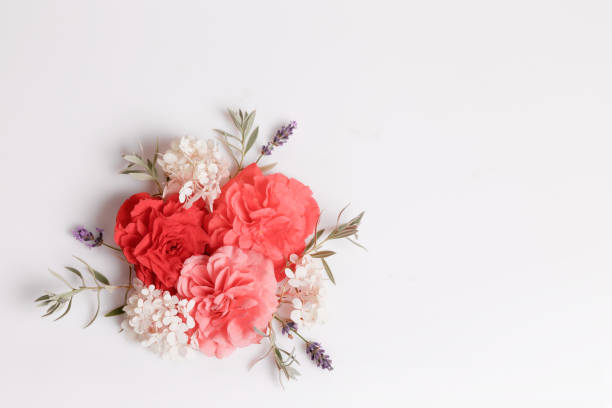 istock Festive flower composition on the white wooden background. Overhead view 1003127224