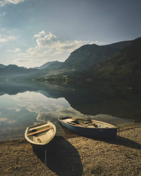 Sunny summer morning on Grundlsee lake, Alps, Austria, Europe