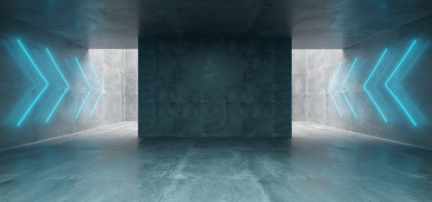 Empty Underground Concrete Corridor Room With Arrow Neon Blue Glowing Signs  3D Rendering Empty Underground Concrete Corridor Room With Arrow Neon Blue Glowing Signs  3D Rendering Illustration dark showroom stock pictures, royalty-free photos & images