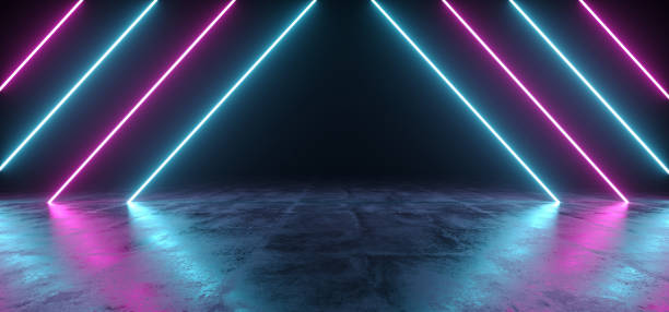 istock Futuristic Sci Fi Triangle Shaped Purple And Blue Neon Glowing Lights In Empty Dark Room With Concrete Floor WIth Reflections 3D Rendering 1003130648