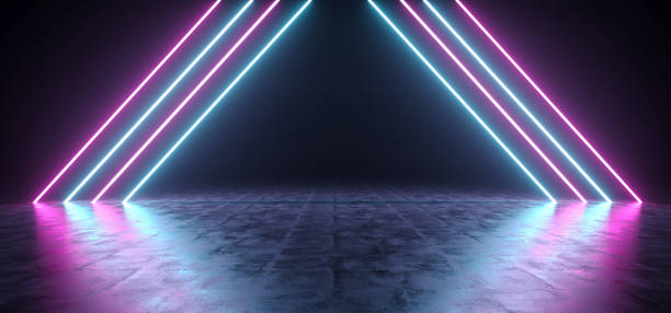 istock Futuristic Sci Fi Triangle Shaped Purple And Blue Neon Glowing Lights In Empty Dark Room With Concrete Floor WIth Reflections 3D Rendering 1003130680
