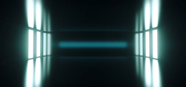 istock Futuristic Sci Fi Empty Dark Room With Reflection And Glowing Lights On The Sides Empty Space For Text 3D Rendering 1003130740