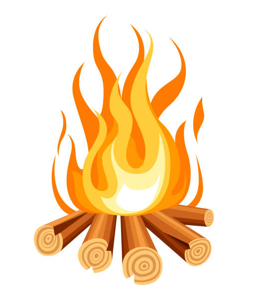 木材でたき火を燃焼します。ベクトル漫画のスタイルが焚き火のイラスト。白い背景に分離 - キャンプファイヤー イラスト点のイラスト素材／クリップアート素材／マンガ素材／アイコン素材