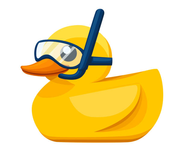 ilustraciones, imágenes clip art, dibujos animados e iconos de stock de pato de goma amarillo. patito lindo de la historieta para el baño. patito con máscara de buceo y snorkel. ilustración de vector plano aislado sobre fondo blanco - rubber duck