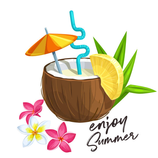 Pina colada cocktail in coconut Pina colada cocktail in coconut with slice of pineapple and umbrella, tropical flowers of plumeria. Vector illustration in cartoon style. apocynaceae stock illustrations