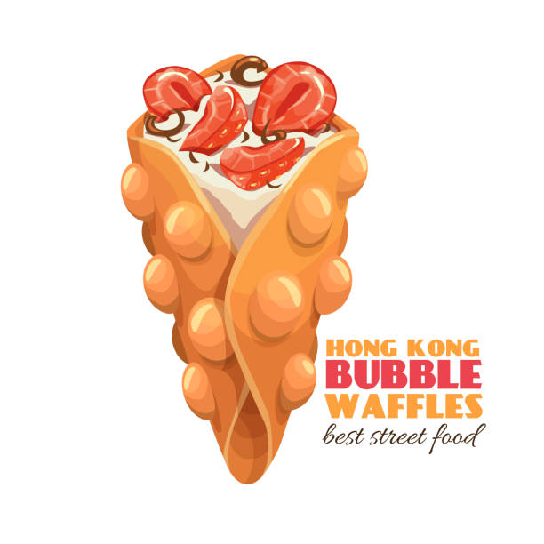 Hong kong bubble waffle Vector Hong kong bubble waffle icon. Illustration dessert with strawberry and whipped cream for street cafe. 3610 stock illustrations