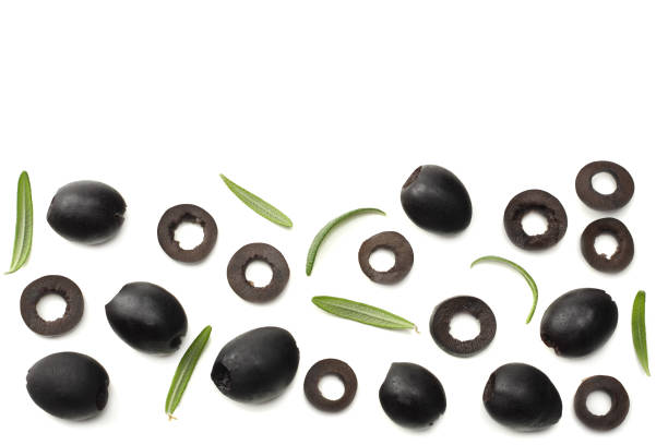 istock Marinated black olives with rosemary isolated on white background. top view 1003139804