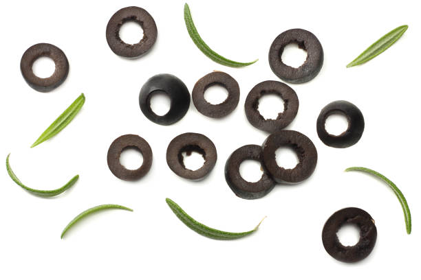 istock Marinated black olives with rosemary isolated on white background. top view 1003139806