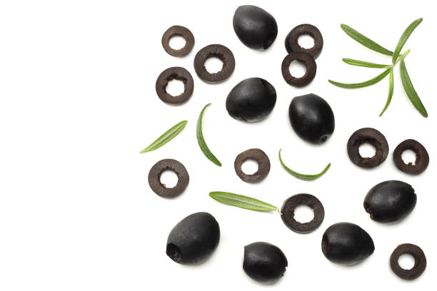 istock Marinated black olives with rosemary isolated on white background. top view 1003139820