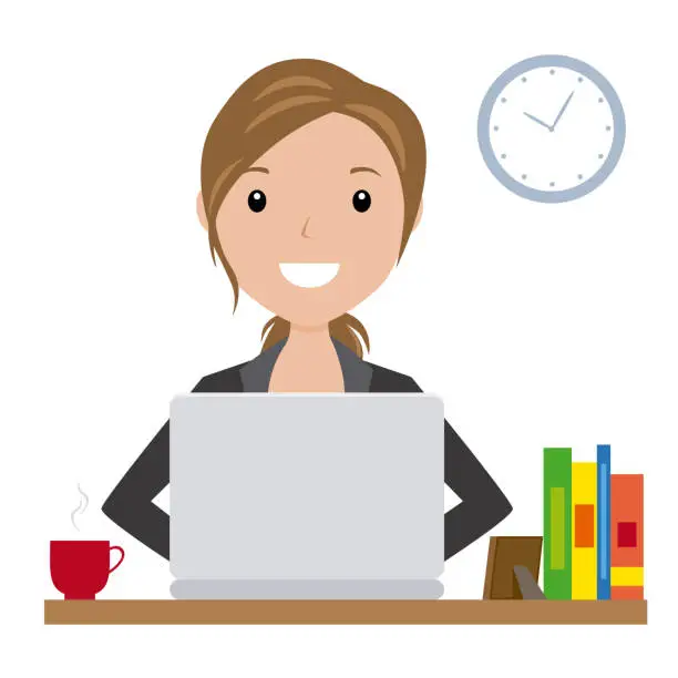 Vector illustration of business woman sitting at his desk with a laptop