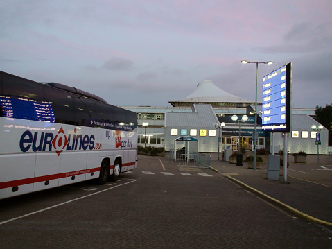 View Of Eurolines Passengers Bus Packed At Eurotunnel Shuttle Victor Hugo Passenger Terminal In Folkestone Kent England Europe
