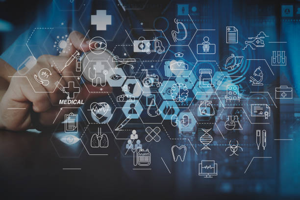 istock smart doctor hand working with modern laptop computer in modern office with virtual icon diagram 1003166798