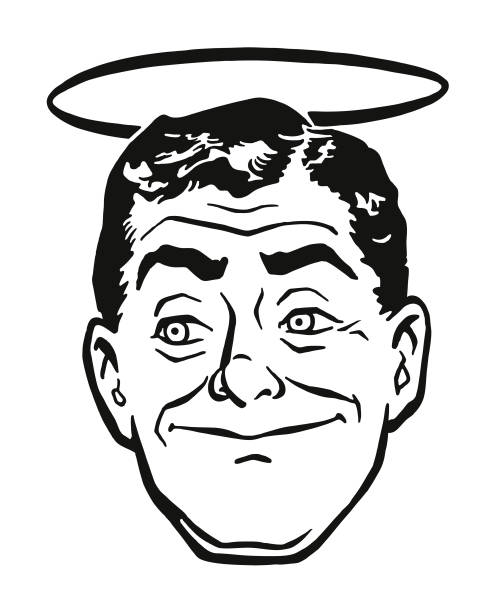 ilustrações de stock, clip art, desenhos animados e ícones de man's face with a halo - spirituality smiling black and white line art