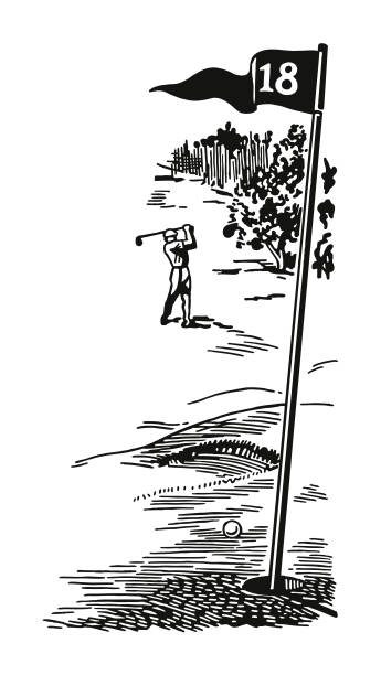 illustrations, cliparts, dessins animés et icônes de golfeur au dix-huitième trou - flag stick