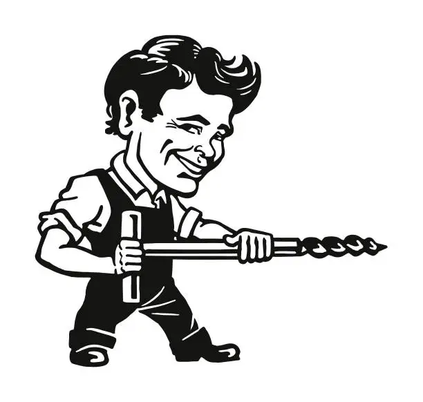 Vector illustration of Handyman with a Huge Drill Bit