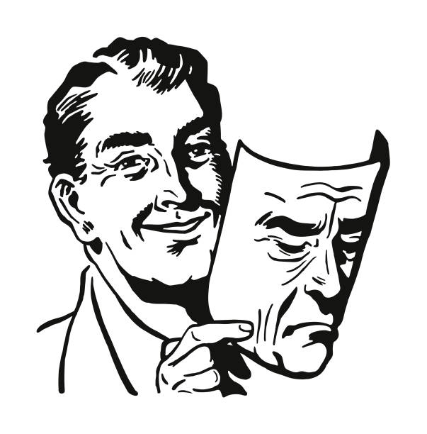 ilustrações, clipart, desenhos animados e ícones de homem segurando uma máscara humana - happy sad face man