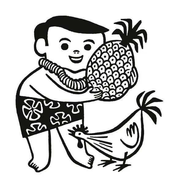 Vector illustration of Man Holding a Pineapple and chicken