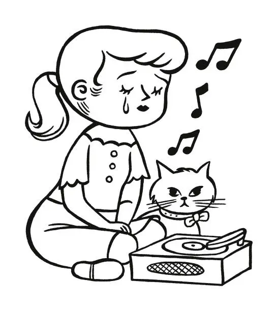 Vector illustration of Girl and Cat Listening to Sad Music