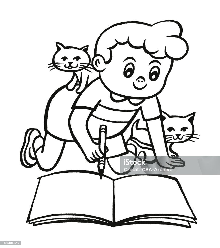 Boy Writing in a Notebook Coloring Book Page - Illlustration Technique stock vector