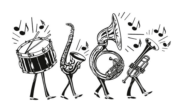 ilustraciones, imágenes clip art, dibujos animados e iconos de stock de banda de marcha - wind instrument