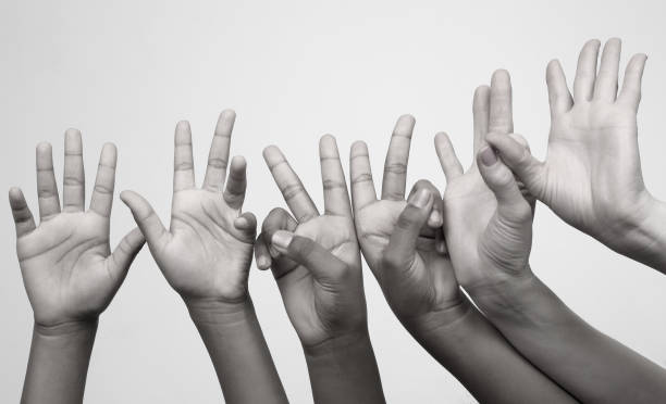 istock many raised children's expressive hands in a row 1003182218