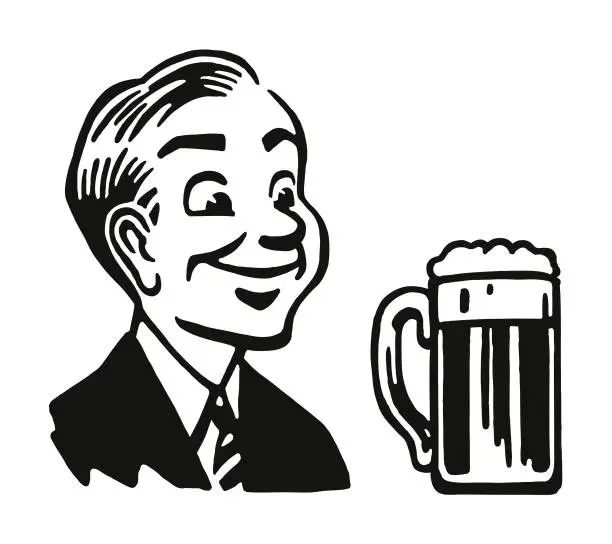 Vector illustration of Smiling Man Looking at a Mug of Beer