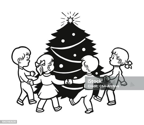 Four Children Playing Around A Christmas Tree Stock Illustration - Download Image Now - Holding Hands, Activity, Affectionate