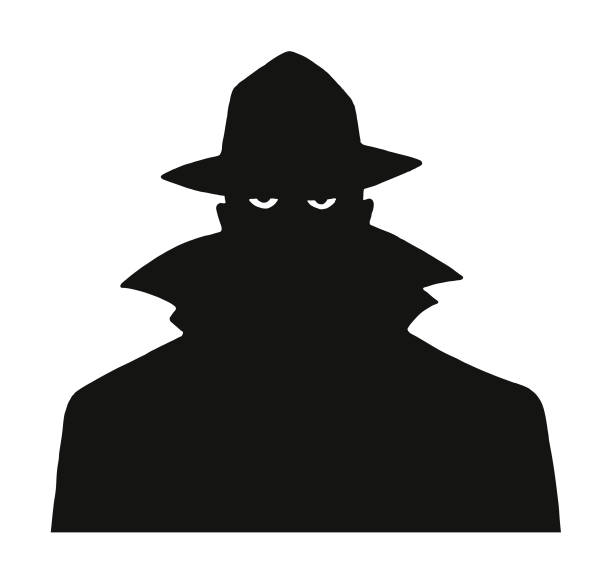 silhouette eines mannes in einem trenchcoat und hut - spy stock-grafiken, -clipart, -cartoons und -symbole