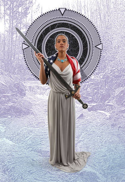 Multiple exposure image of mixed race Lady Justice holding sword with forest stream background