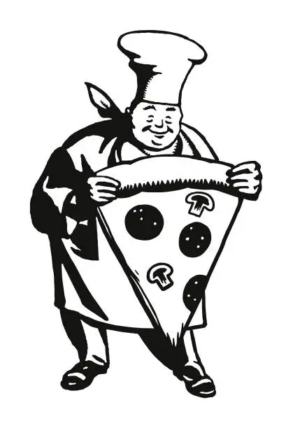 Vector illustration of Chef Holding a Large Slice of Pizza