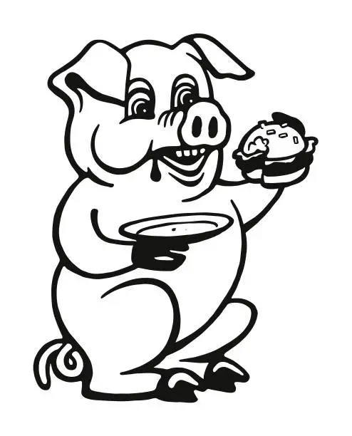 Vector illustration of Pig Eating a Barbeque Sandwich