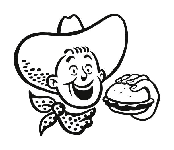 ilustrações de stock, clip art, desenhos animados e ícones de cowboy eating a hamburger - burger sandwich hamburger eating