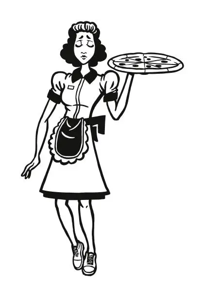 Vector illustration of Waitress Holding a Pizza