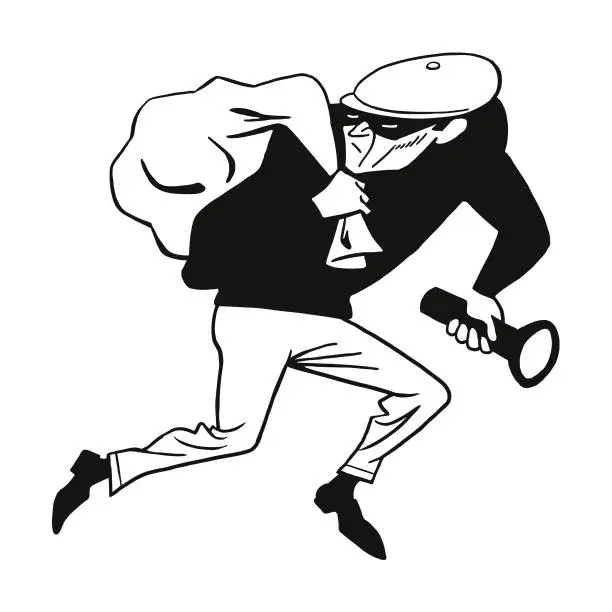 Vector illustration of Burglar with Flashlight and Sack of Goods