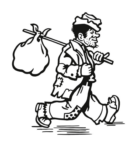 ilustraciones, imágenes clip art, dibujos animados e iconos de stock de hobo con una mochila - vagabundo