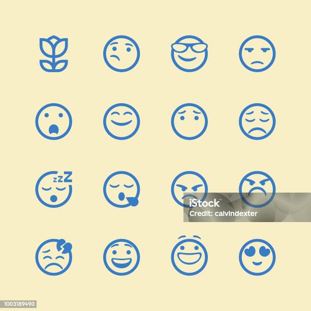 Cute Line Art Emoticons Set Stock Illustration - Download Image Now - Adhesive Note, Anger, Anthropomorphic Smiley Face