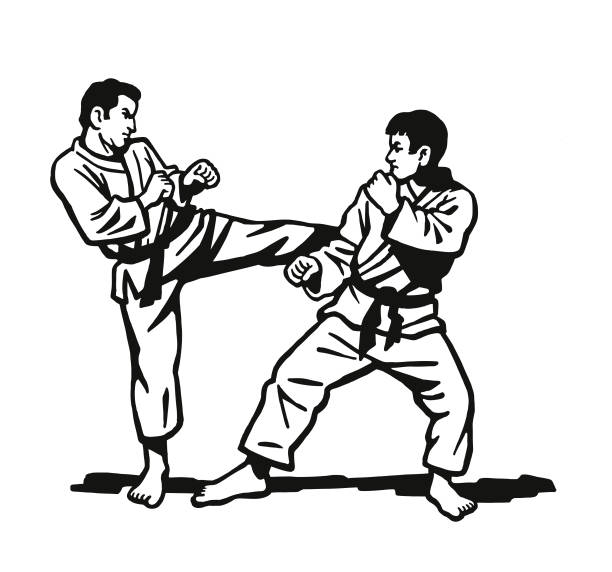 ilustraciones, imágenes clip art, dibujos animados e iconos de stock de dos hombres practicar karate - luchar ilustraciones